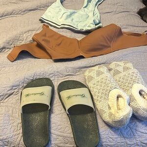 Bundle of Green Slides and Cozy Slippers and two bras Set